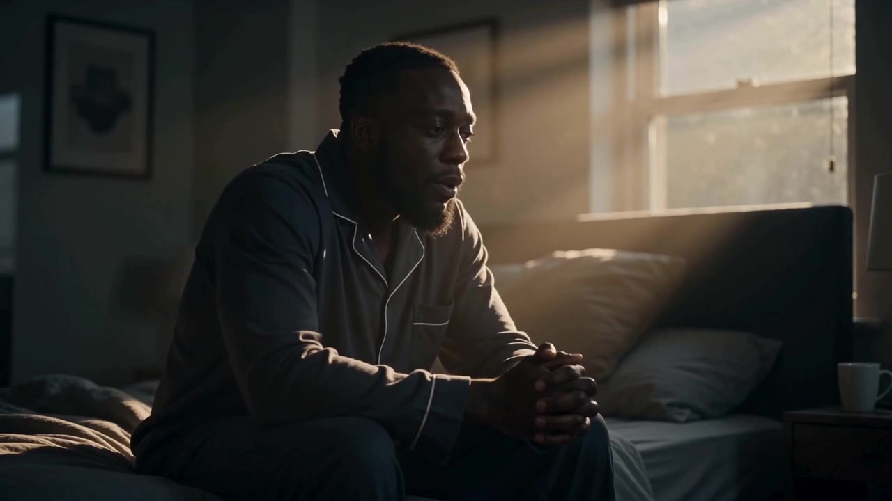 First light through a bedroom window. A man sits on the edge of the bed, head down and hands together, in the minute before the day has decided anything.